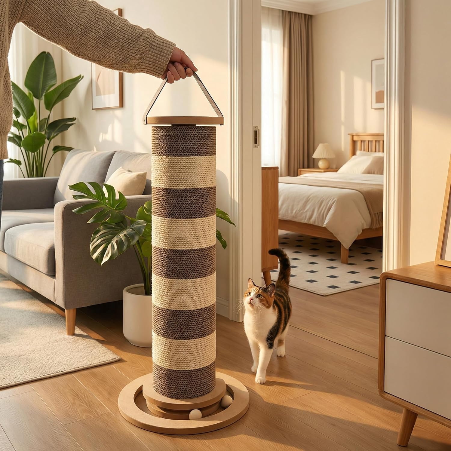 Stable Vertical Cat Scratching Post for Indoor Cats, Durable Cardboard Design with Replaceable Refills, Space-Saving Cat Scratcher