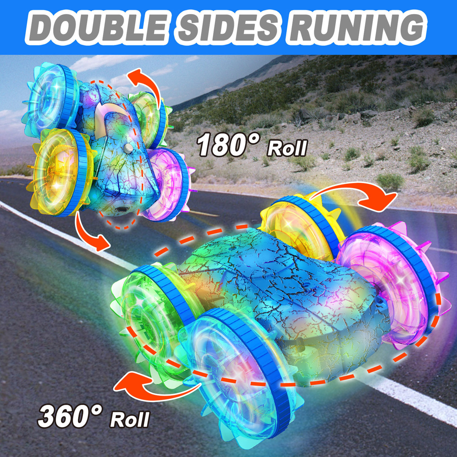 Fjnjuu RC cars 2.4G Remote Control Stunt Car with Colorful Lights and Double Sided Stunt Flip Bucket Remote Control Car