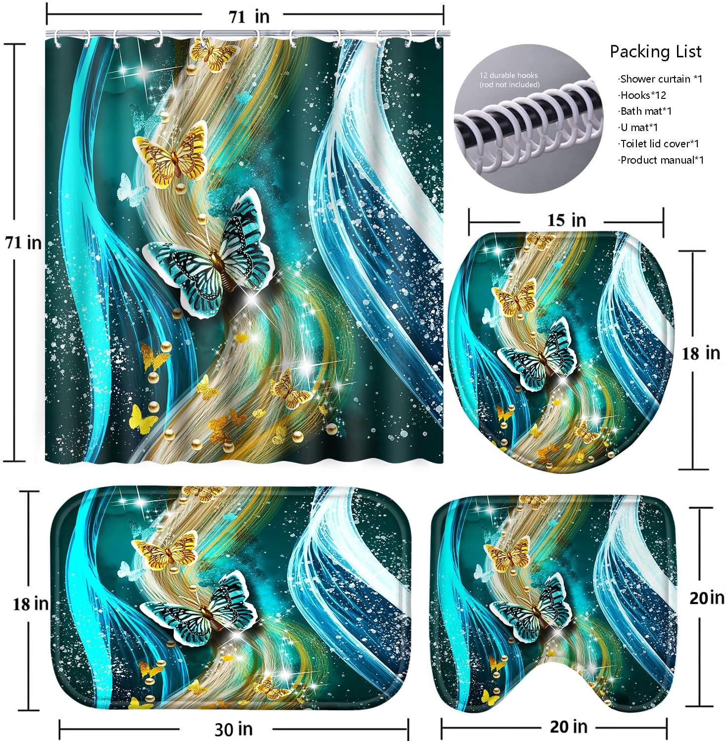 4 Pcs Bathroom Shower Curtain Set,Light Butterfly Bathroom Sets with Rugs(Bath Mat,U Shape and Toilet Lid Cover Mat) and 12 Durable Hooks 71x71in