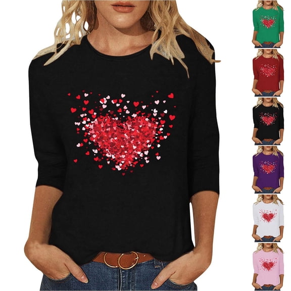 Xdegoge Womens 3/4 Sleeve V Neck Valentine Top Love Heart Printed Graphic Shirt Casual Loose Oversized Tops Cute Funny Observance Collection Pullover for Valentine's Day