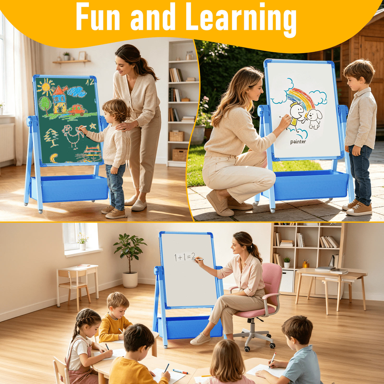 Art Easel for Kids, Double Sided Magnetic Kids Easel, Adjustable 360°Rotating Whiteboard & Chalkboard for Boys and Girls, Blue