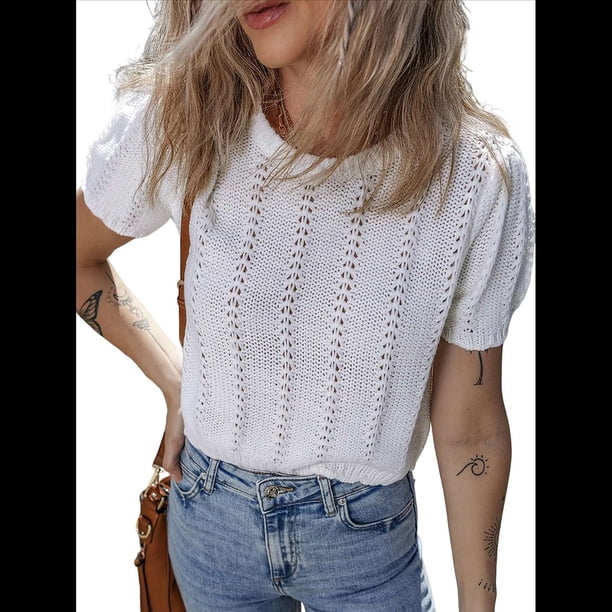 Suéteres de Corta de Verano para Mujer, Blusas de Punto, Blusas Lisas con Aberturas, 2025 XL