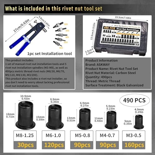 Rivet Nut Tool Kit, 490Pcs Black Zinc Metric Rivet Nut Combination (M8/M6/M5/M4/M3), Suitable for Automotive, Marine and Industrial Applications (Black 490PCS Rivet Nut Tool Kit)