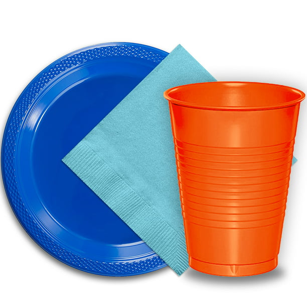 50 Dark Blue Plastic Plates (9"), 50 Orange Plastic Cups