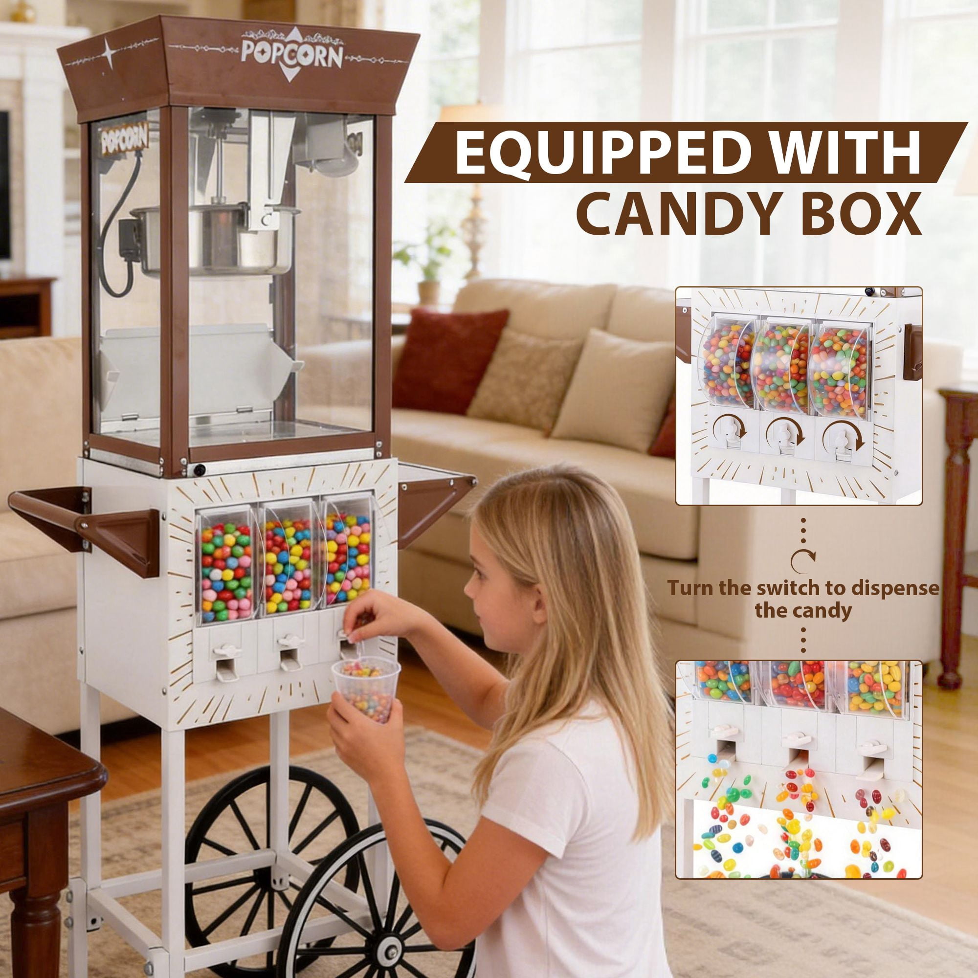 12oz Commercial Popcorn Machine with Cart, 3 Control Buttons Electric Popcorn Maker, Comes with 3 Candy Storage Boxes & 3 Plastic Spoons, Retro Popcorn Popper for Movie Theater Snack Bar