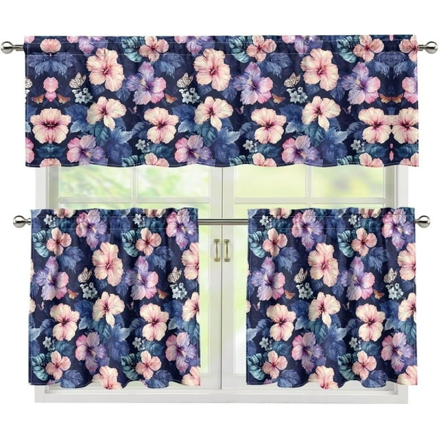 Colorful Hibiscu Kitchen Curtains Window Curtains Valance and Tier Set Modern Rod Pocket Short Tier Curtain for Bathroom Small Cafe Curtains for Decor Kitchen Window Curtains Over Sink