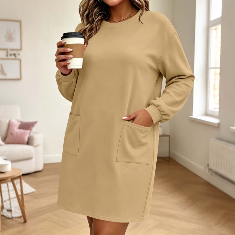 Zivyakyron Lounge Dresses for Women Crew Neck Long Sleeve Plus Size Knit with Pocket Mini Solid Dresses