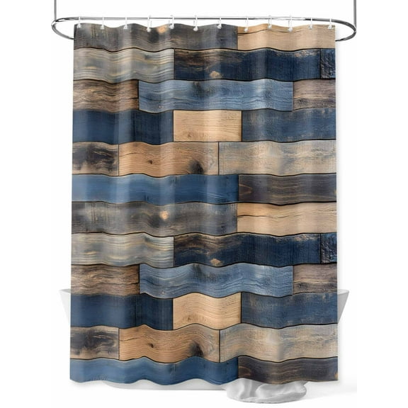 Fsddascl Navy Blue Brown Wood Shower Curtain Set - 60" x 72" Washable Bathtub Curtain with 12 Hooks, Farmhouse Vintage Wooden Waterproof Fabric Stall Shower Curtains for Bathroom/Bathtub Décor