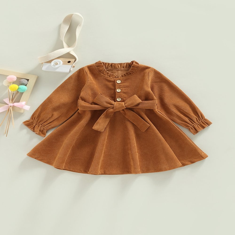 18Month 6Years Christmas Toddler Baby Girls Corduroy Dress Long Sleeve Ruffle Collar Princess Dress with Waist Belt Brown 5 6 Years