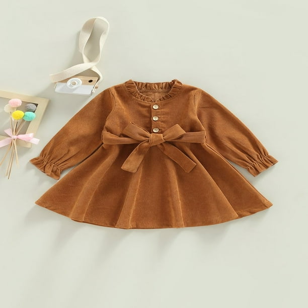 18Month 6Years Christmas Toddler Baby Girls Corduroy Dress Long Sleeve Ruffle Collar Princess Dress with Waist Belt Brown 5 6 Years