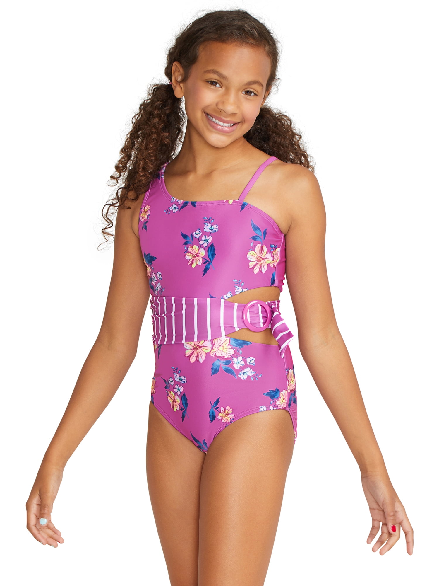 Justice Girls 1 Piece Cut Out Belted Floral Print Swimsuit, Sizes 5-18