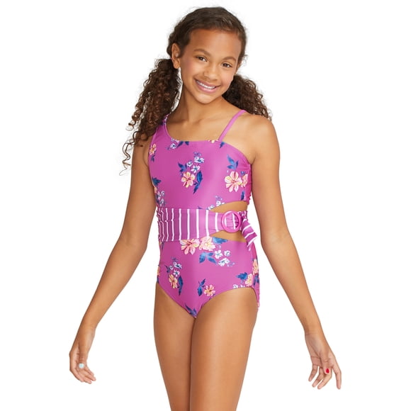 Justice Girls 1 Piece Cut Out Belted Floral Print Swimsuit, Sizes 5-18