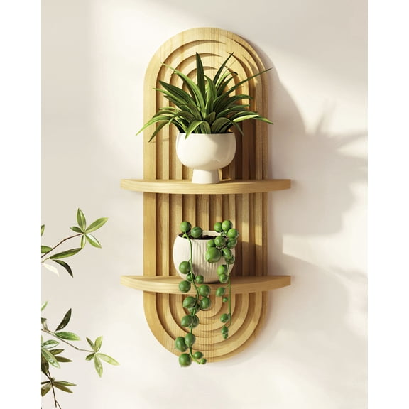 Bamworld Natural Plant Wall Shelf, Mid Century Modern Decor Hanging Plant stand, 2-Tier Wooden Floating Shelves for Home, Bathroom Bedroom Living Room