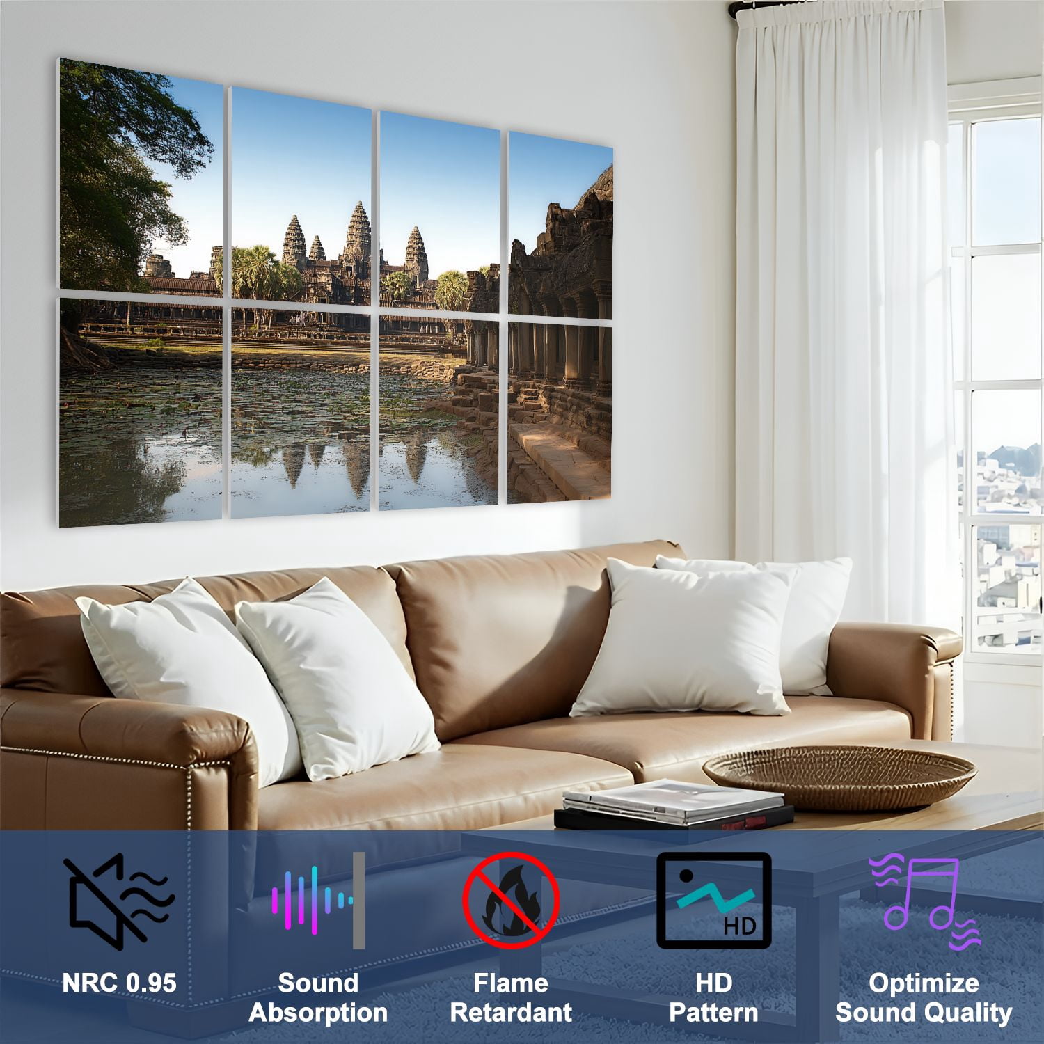 8 Pack Art Acoustic Panels Sound Absorbing angkor before sunset cambodia waters Decorative Soundproof Wall Panels Self Adhesive for Nursery Game Room Bedroom 48"x32"
