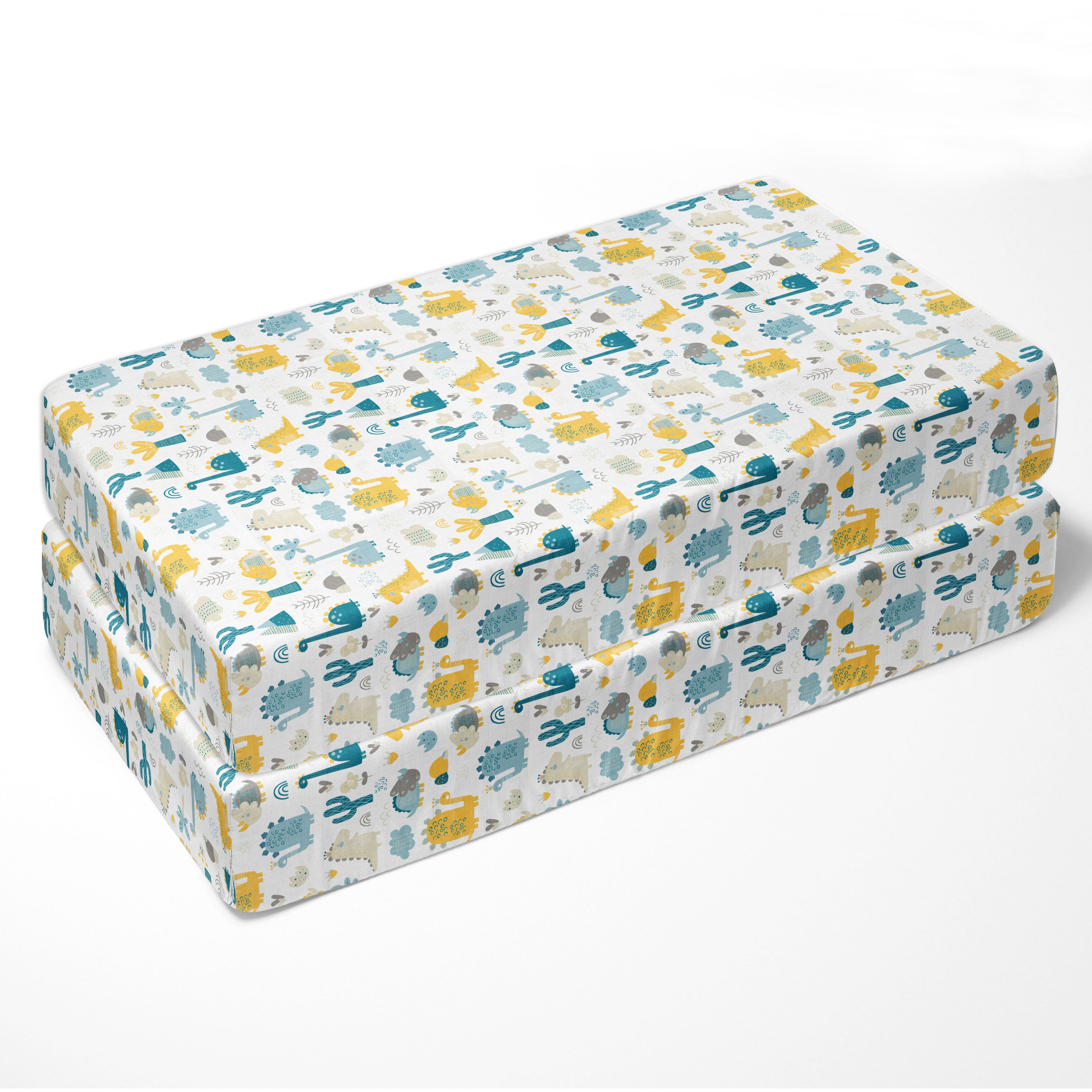 Bacati - Boys Little Dino Teal Aqua Yellow Muslin Crib or Toddler Bed Fitted Sheet