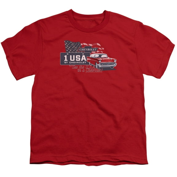 Trevco CHV127-YT-3 Chevrolet & See the USA Youth 18-1 Short Sleeve T-Shirt, Red - Large