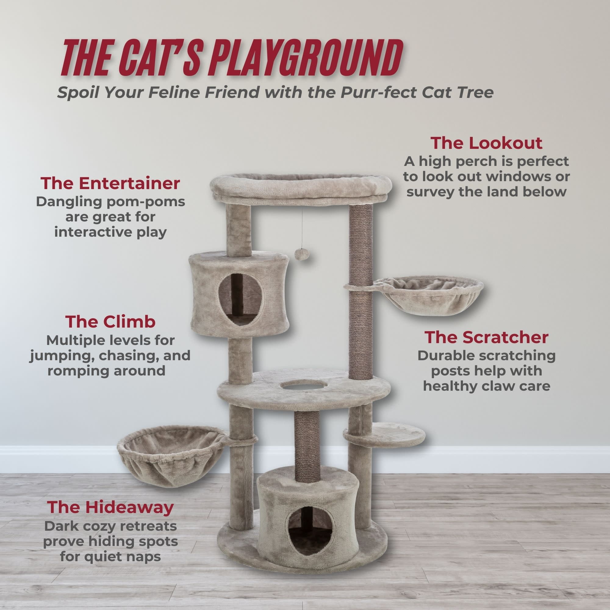 TRIXIE Anna Plush & Sisal 50" Cat Tree Scratching Posts Condos Hammocks Perches Cat Toy, Gray