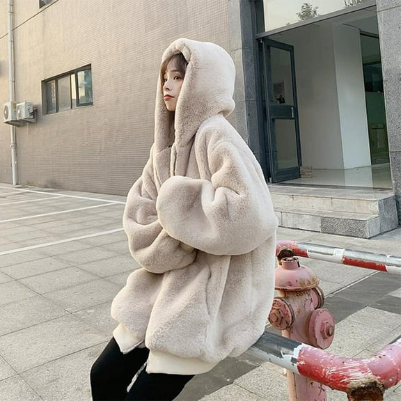 Womens Loose Coat Winter Imitating Rabbit Mid-length Thick Hooded Coat Fuzzy Jacket Women Womens Zip up Jacket Jacket Womens Jacket inside Pockets Details Jacket Women Zip Womens Jacket 1 Coat Or Warm