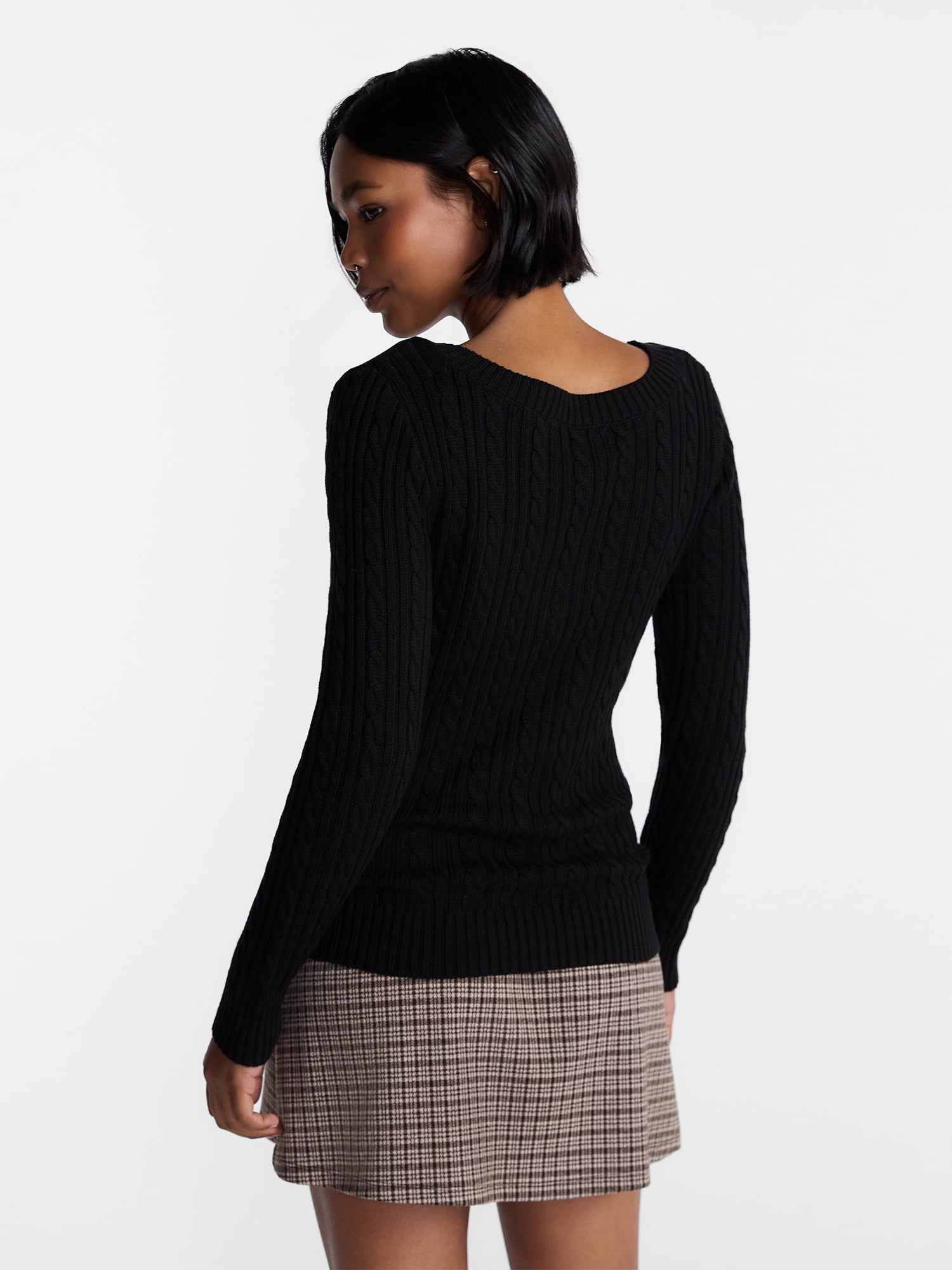 No Boundaries V Neck Cable Sweater, Women's and Women's Plus XXS-4X