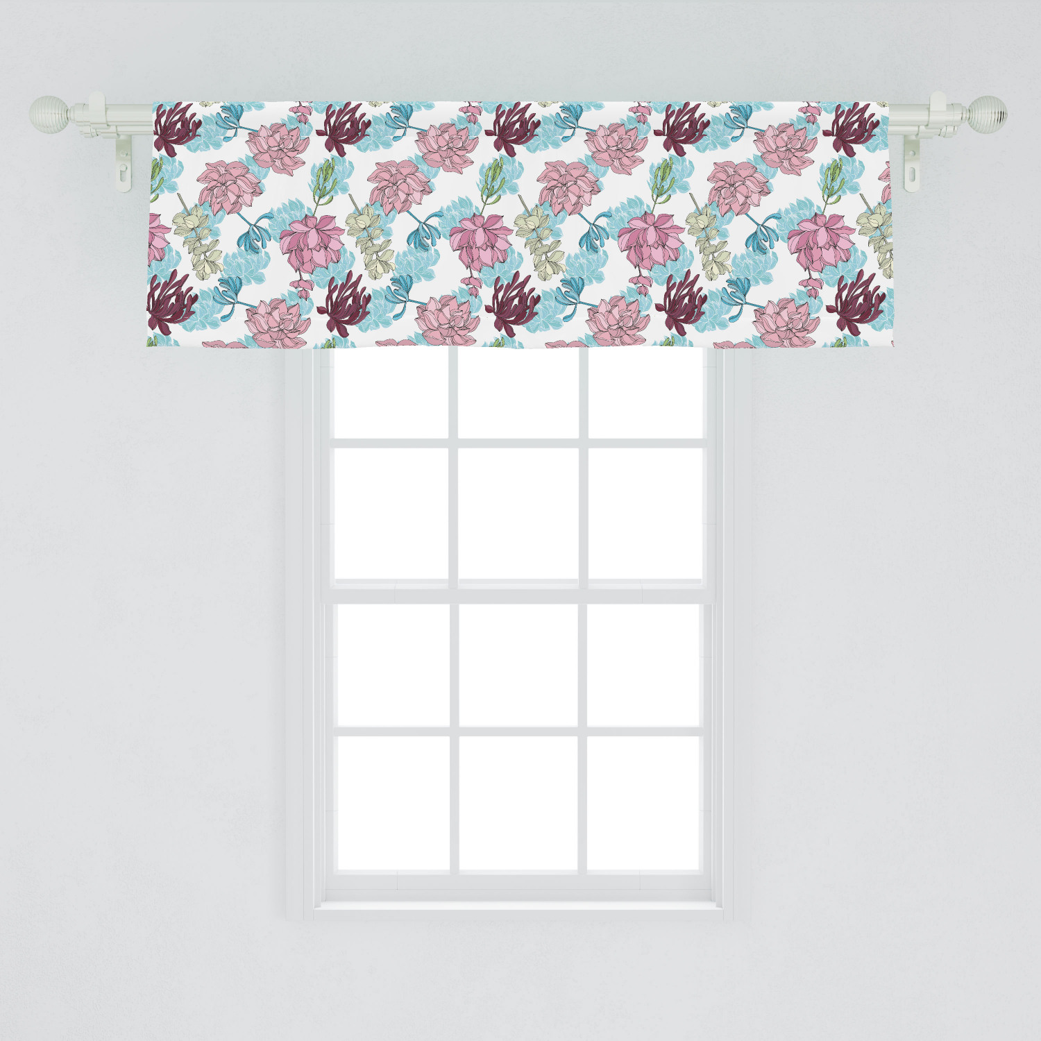 Blue and Pink Window Valance, Jungle Botanical Pattern with Wild Spring