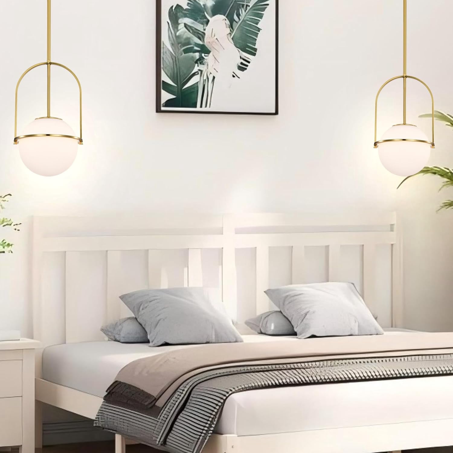 Gold Pendant Light Fixture with 7.1 in Milk Glass Globe Shade Adjustable Hanging Ceiling Light for Kitchen Island, 1-Light
