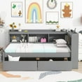 thumbnail image 3 of Twin Size Daybed with Drawers and Charging Station, Solid Wood Corner Bed Frame with L-Shaped Bookcase Headboard, Twin Platform Bed Frame for Living Room, Grey, 3 of 9