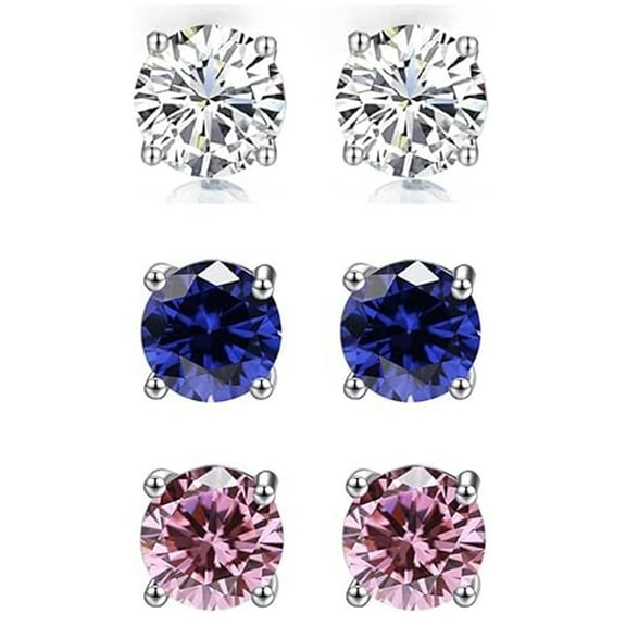 18k White Gold 1/2 Ct Round Plated Stud Earrings White, Blue, Pink Sapphires by Paris Jewelry