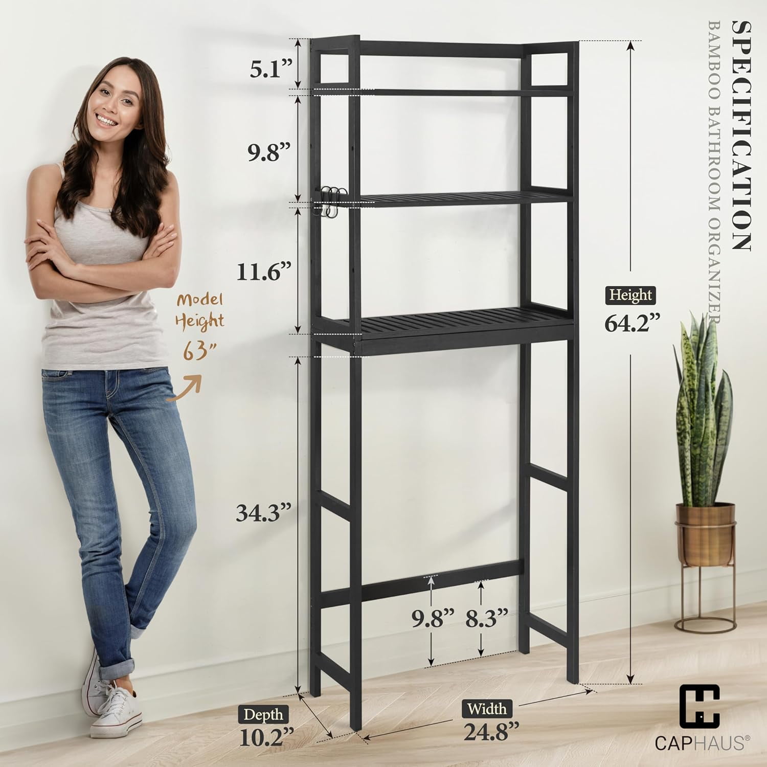 CAPHAUS Bamboo Over The Toilet Storage, Behind Toilet Bathroom Shelf Rack with Hooks & Adjustable Feet, 24-Inch Freestanding Toilet Shelf, Bathroom & Laundry Organizer, Balcony Plant Stand, Black