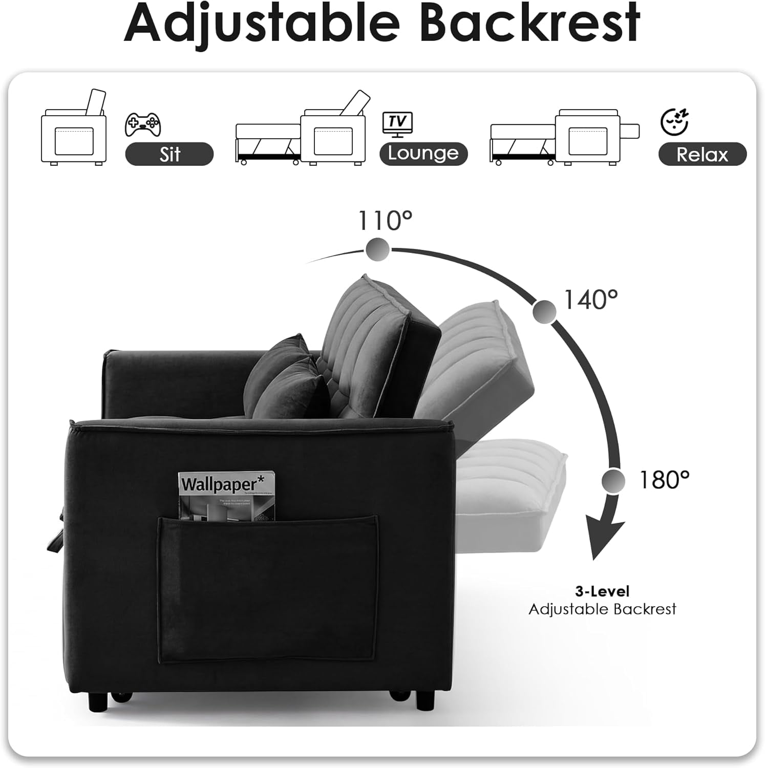 55" 3-in-1 Convertible Loveseat Sleeper Sofa, Velvet, with Pull-Out Bed, Reclining Backrest and Side Pockets, Black