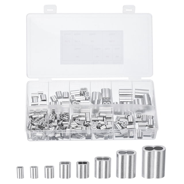 Unique Bargains Aluminum Crimping Loop Sleeve 8 Size 3/64''-1/4'' Double Ferrule for Wire Rope Cable Line End, Silver 322pcs