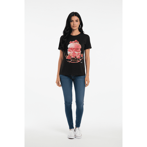 Terry Macc  Strawberry Burger Graphic T-Shirt – 100% Cotton, Hand-Embellished Stones & Pearls, Unisex One Size