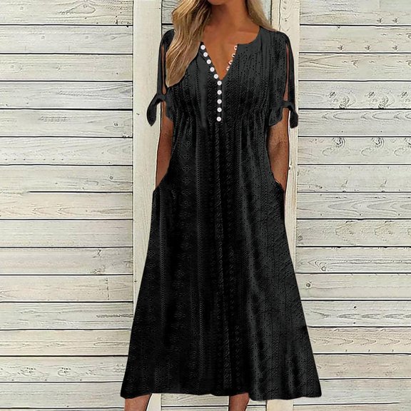 LEEYNEER Eyelet Dresses for Women Summer Fashion V Neck Sleeveless Ruffle Dresses Solid Color Loose Fit Mini Dresses Casual Flowy Summer Dresses for Women 2024 Vacation