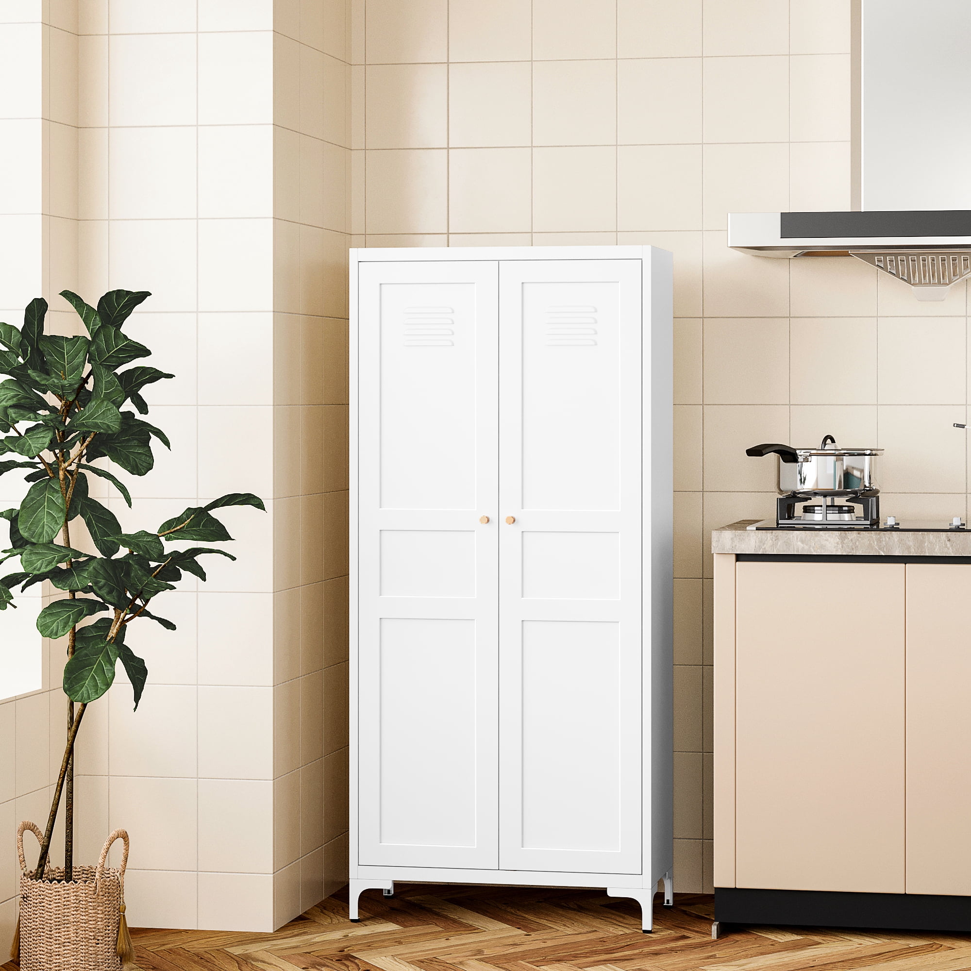 AUHUP Pantry Cabinet with 4 Adjustable Shelve, 61"H White Metal Storage Cabinet for Kitchen, Dining Room, Living Room