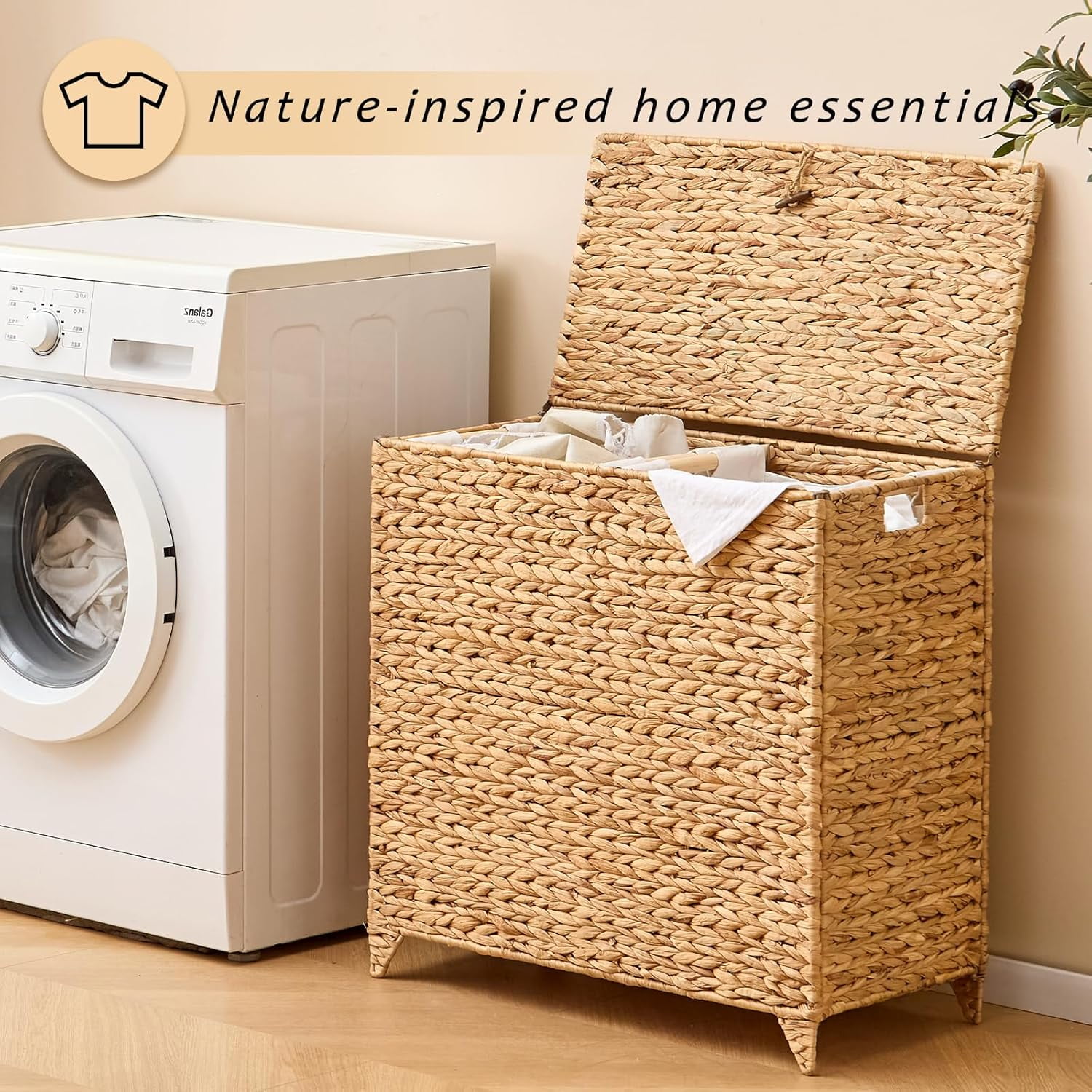 Casa Pura Furniture Handwoven Large Laundry Hamper with Lid, 2 Removable Liner Bags, Heightened Feet, Natural Hyacinth Wicker Clothes Storage Basket for Towels & Clothing