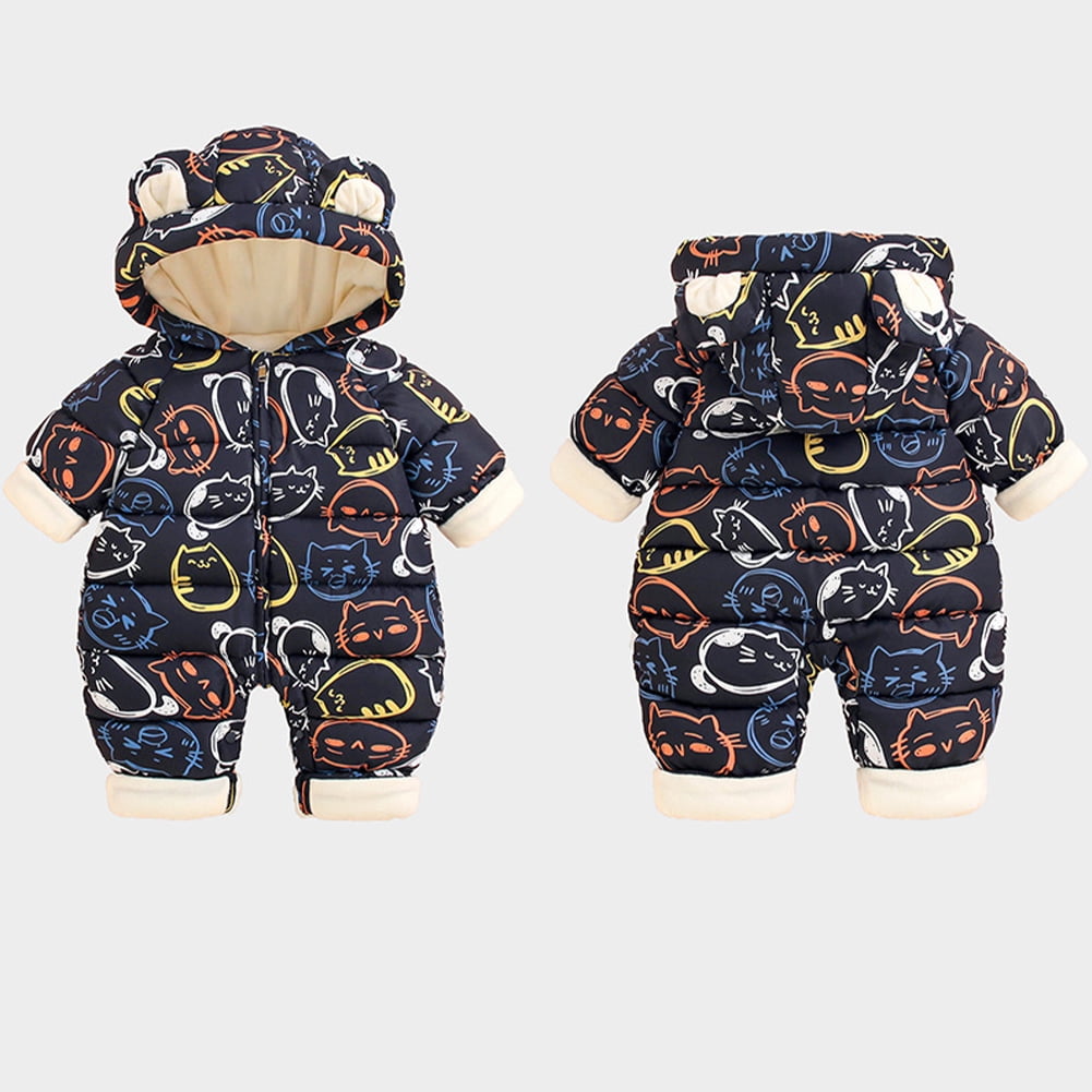 LYMAYTER Unisex Newborn Hooded Onesies Girls Fall Winter Printed Rompers Infant Cotton Long Sleeve Warm One-Piece for 0-24M