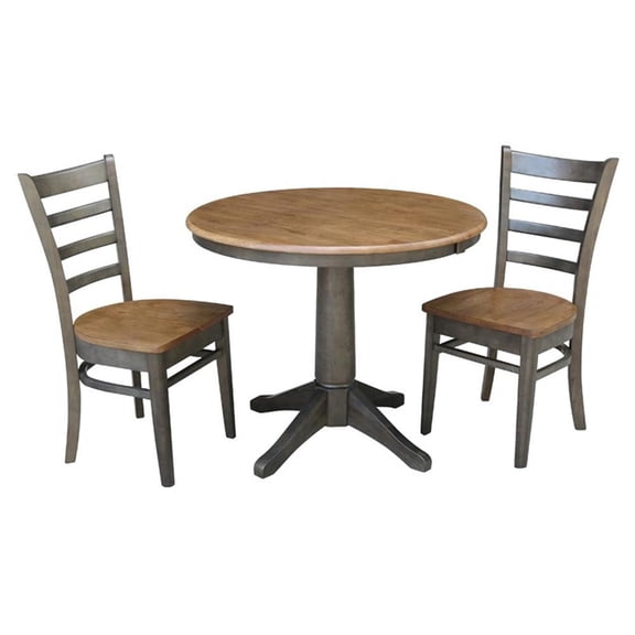 36" Round Wood Extension Dining Table with 2 Chairs in Hickory/Washed Coal