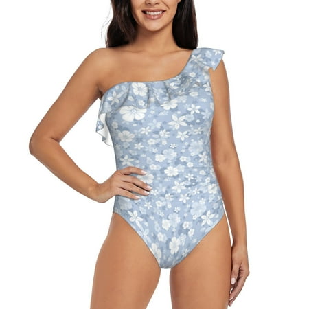 Gukieu Gray White Floral Print One-shoulder Ruffled One-piece Swimsuit with Removable Chest Pads and Tummy-control Swimsuit for Women-X-Large