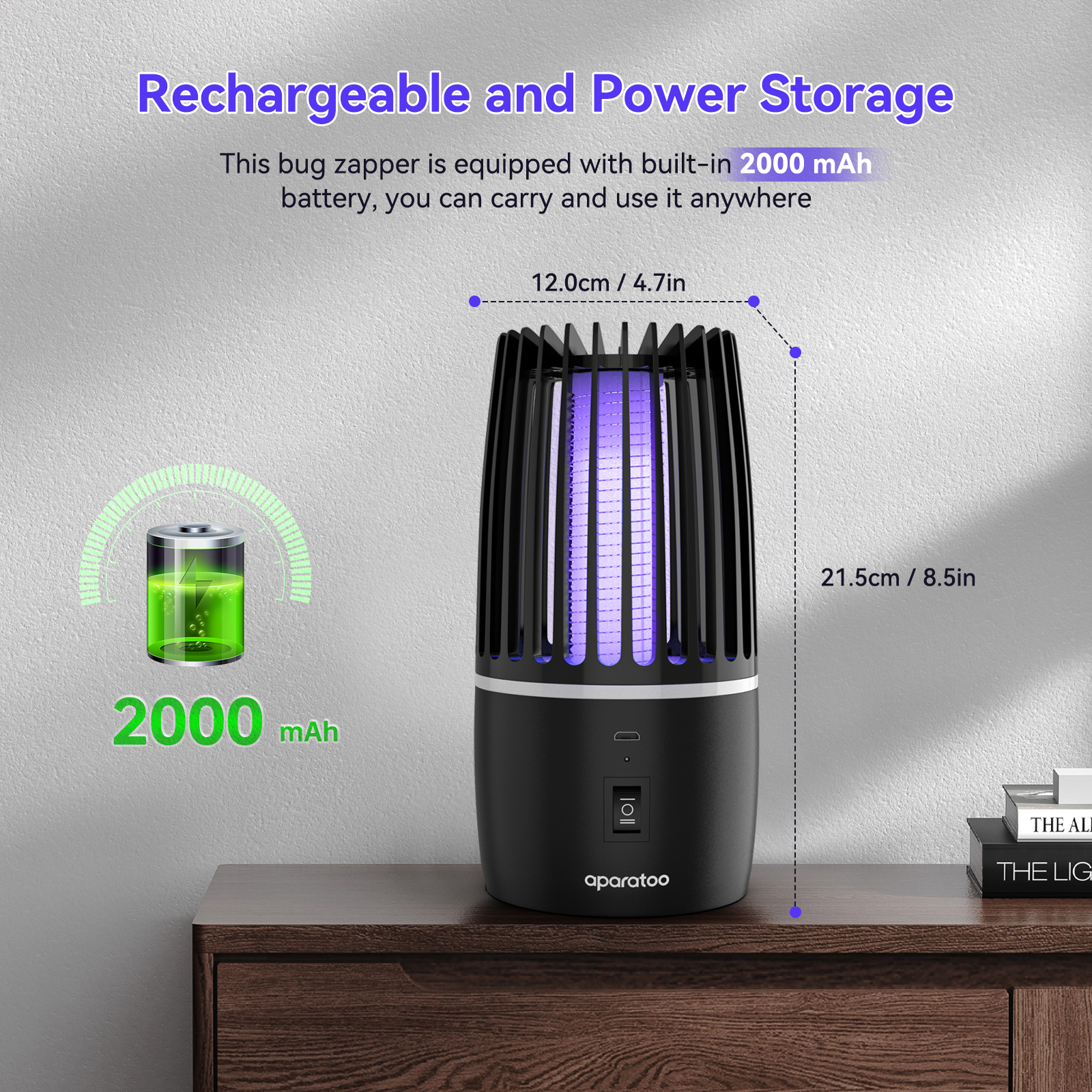Thehomeuse Bug Zapper, Fly Zapper Electric Mosquito Killer Lamp, Rechargeable Traps Indoor for Home Use, Portable Catcher Insect Outdoor, Black