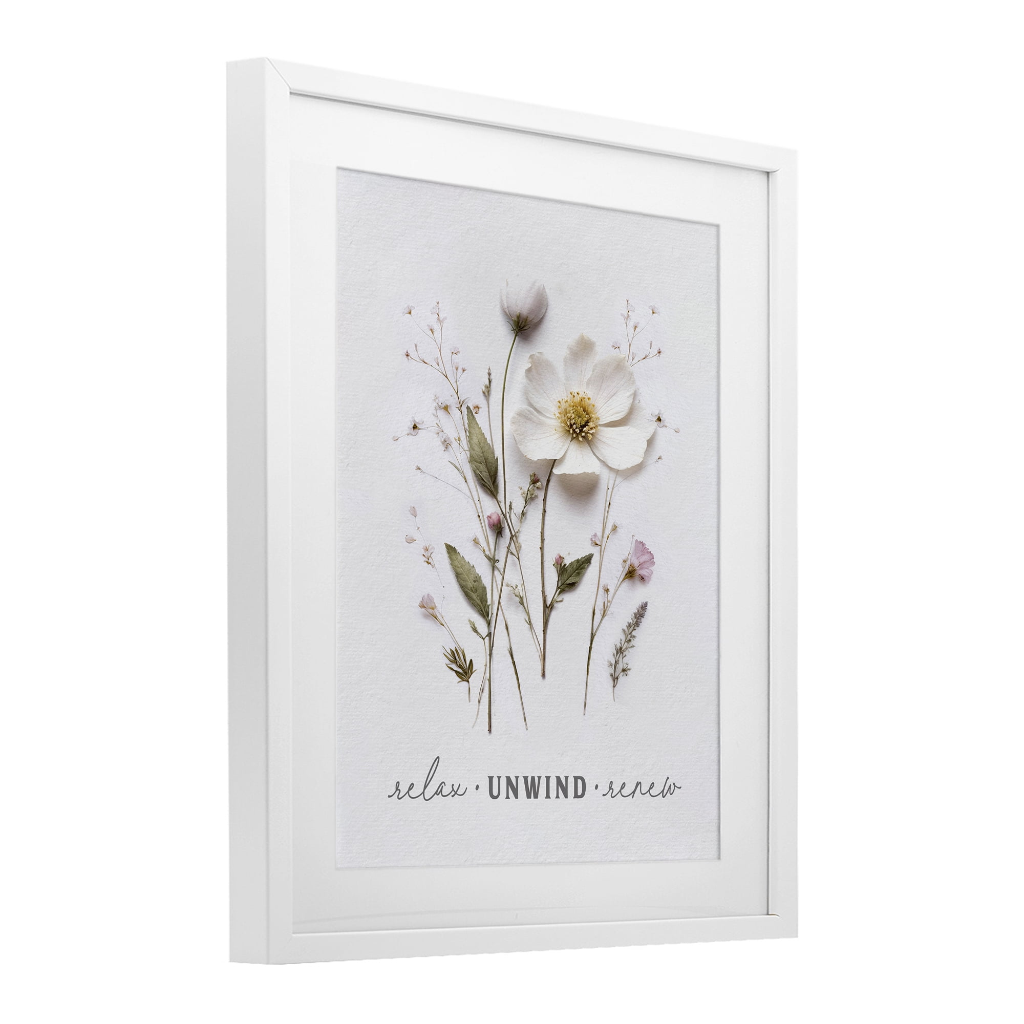Relaxing Pressed Flowers White Framed Print Under Glass, design by Lettered and Lined