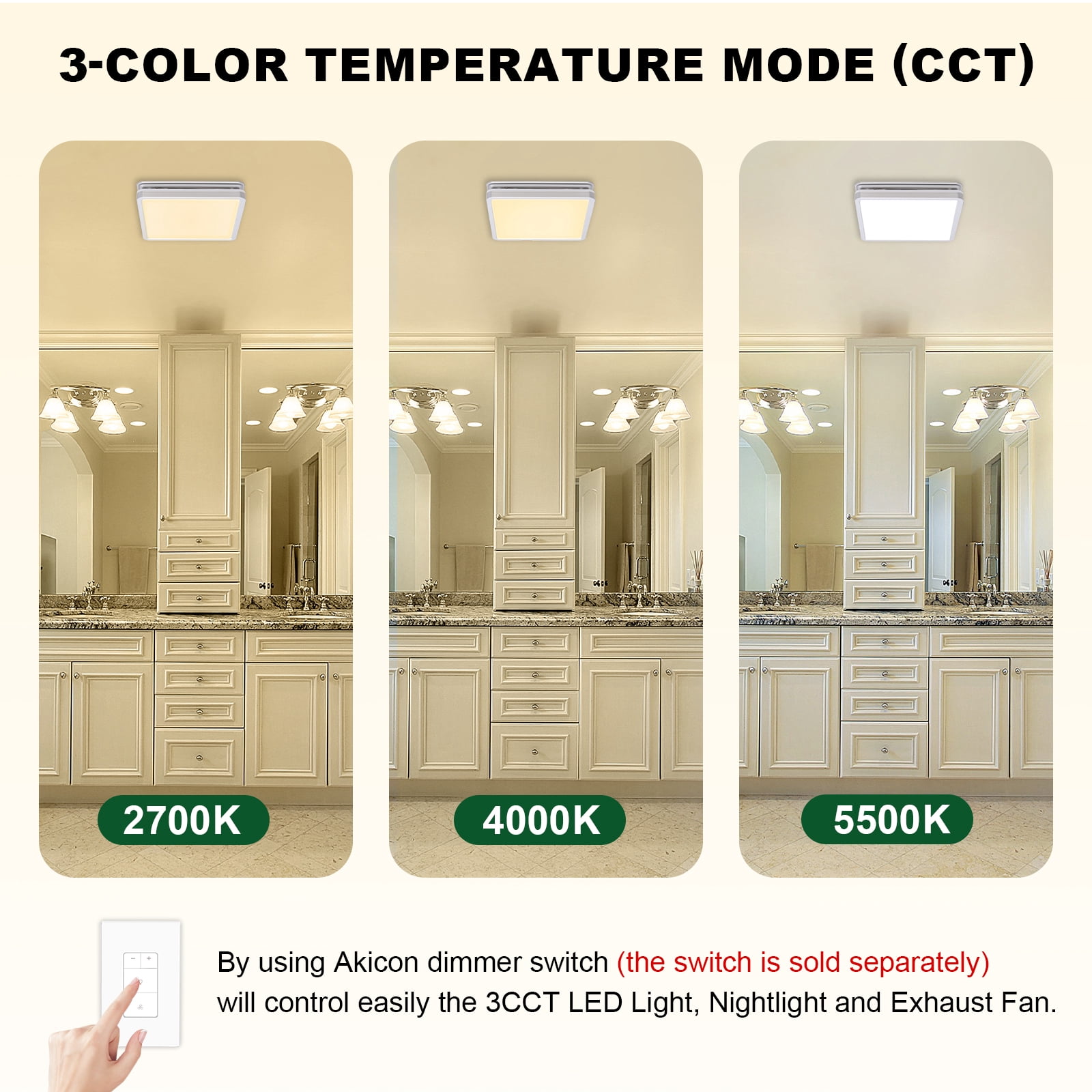 Akicon Bathroom Exhaust Fan with Light, 80CFM 2.0 Sones, Adjustable 3CCT LED, Nightlight, Silver