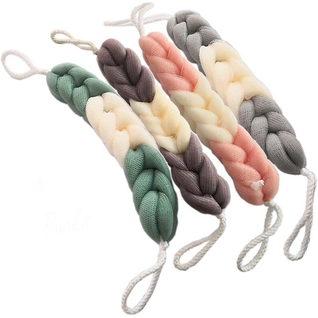 4 paquetes de esponja larga y elástica para la espalda con asas de cuerda para fregar la espalda, esponja de malla para ducha de baño, exfoliante corporal, esponja vegetal trenzada elástica para