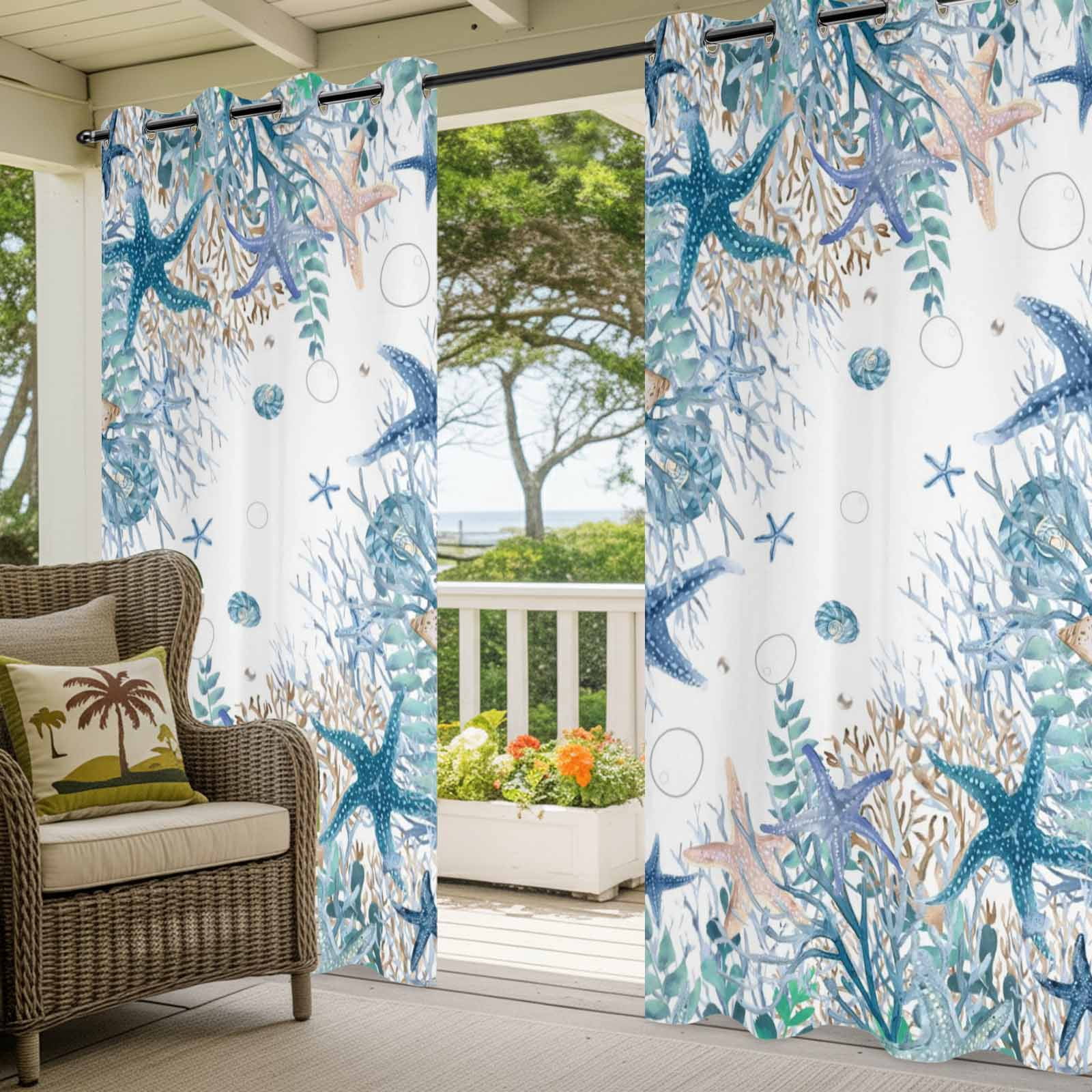 Summer Marine Life Outdoor Curtains for Patio, Watercolor Blue Starfish Ocean Bubble Coral Sunshade Privacy Drapes Grommet Waterproof Outside Curtains for Porch/Cabana/Balcony 54"x 108", 1 Panel