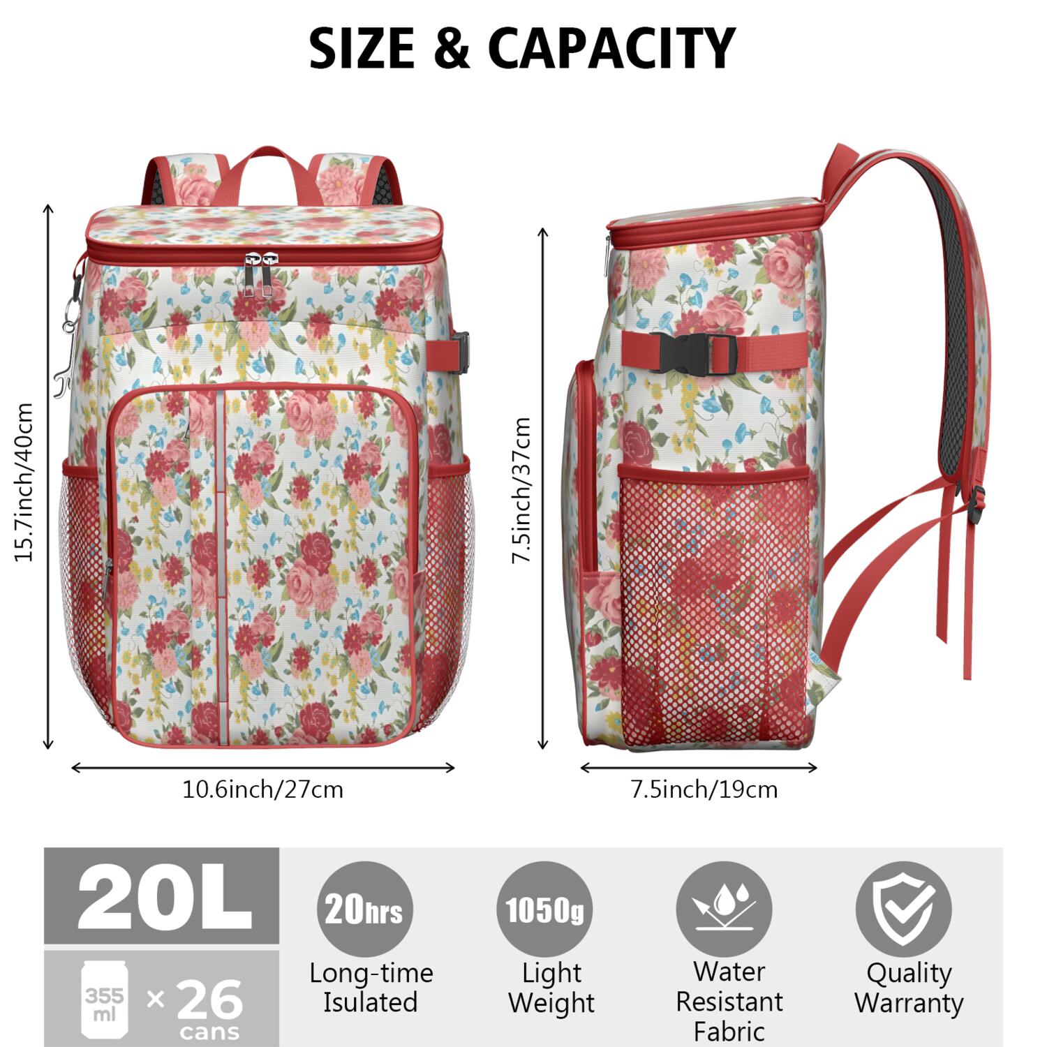 Travel Cooler Bag - Pioneer Flower Floral Print Pattern Camping Beer Cooler Backpack with Bottle Opener- Waterproof Insulated Picnic Backpacks - Cooler Bag for Beach