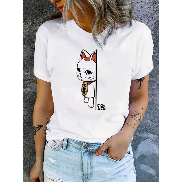 Women's Casual Short-Sleeve T-Shirt with Cute Anime Cat & Humorous Comic Print - White Round Neck Tee, Machine Washable, Unique Gift for Anime Fans, Anime Accessories