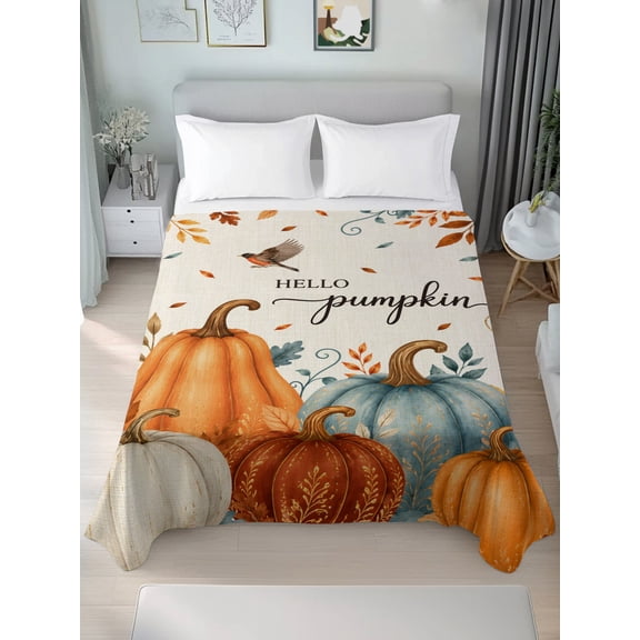 Twin Flat Sheet Only Thanksgiving HELLO Pumpkins Soft Microfiber Cooling Bedding Sheets Pastoral Fall Leaves Flat Bed Sheet for Hotel,Home Decor