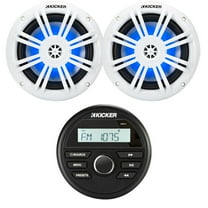 Kicker 46KMC2 All-Weather Marine Bluetooth USB/AUX AM/FM Gauge Style Media Center Receiver Bundle Combo With One Pair (QTY 2) Kicker 51KM604WL KM 6.5" 150W Max Power 4O RGB LED Boat Coaxial Speakers