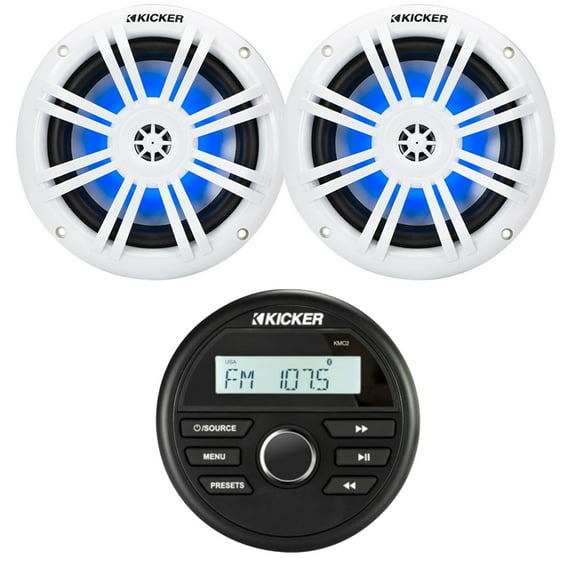 Kicker 46KMC2 All-Weather Marine Bluetooth USB/AUX AM/FM Gauge Style Media Center Receiver Bundle Combo With One Pair (QTY 2) Kicker 51KM604WL KM 6.5" 150W Max Power 4O RGB LED Boat Coaxial Speakers