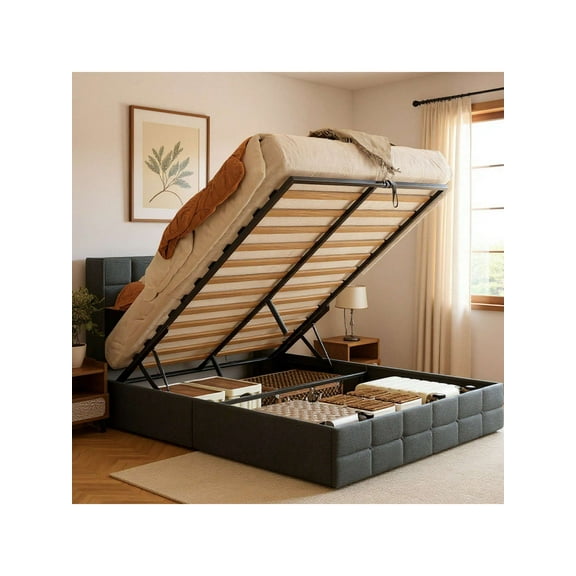 Zocalo Base de Cama Queen size, Cama con Respaldo y Almacenamiento Hidráulico-Gris