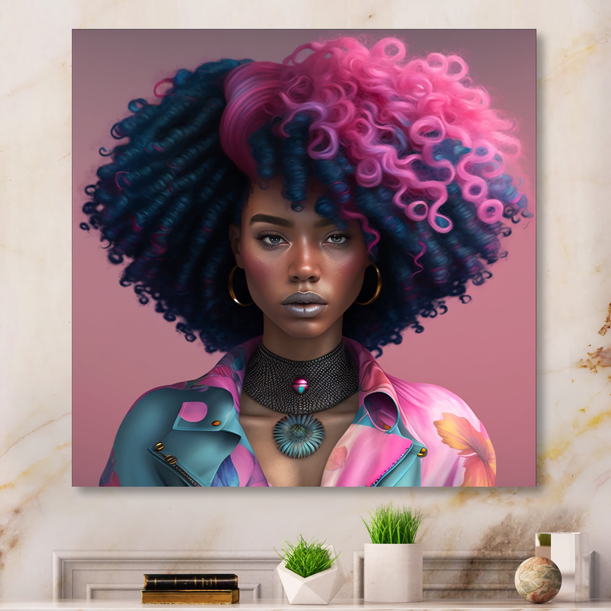 Designart Pink And Blue African American Woman VI Canvas Wall Art