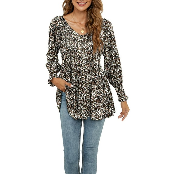 Liacowi Women Casual Puff Long Sleeve Tunic Tops V-Neck Flower Print T-Shirts Loose Blouse with Smocked Plus Size S-2XL
